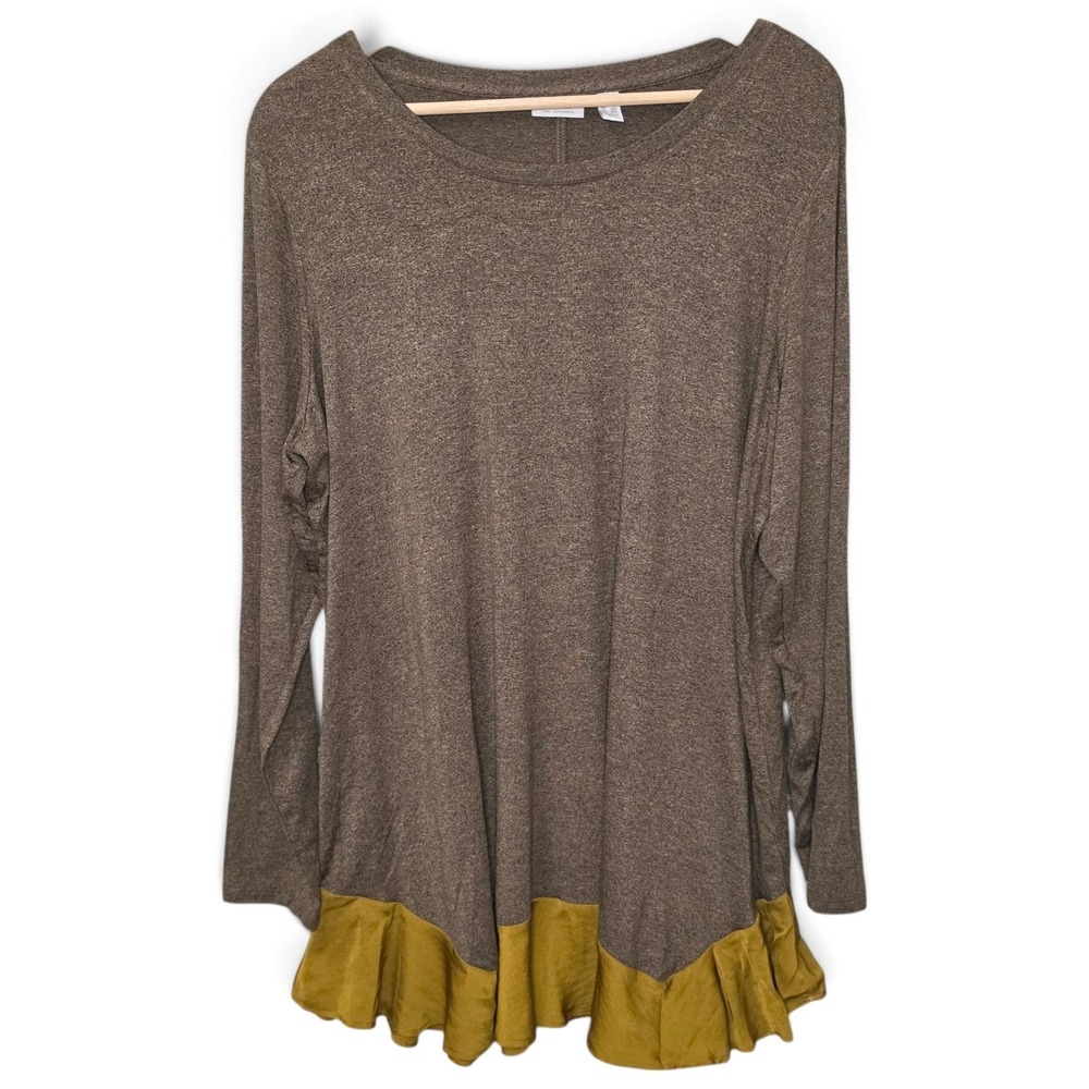 LOGO Lori Goldstein Womens Top 1X Brown Ruffle Peplum Hem Tunic Shirt Knit LS